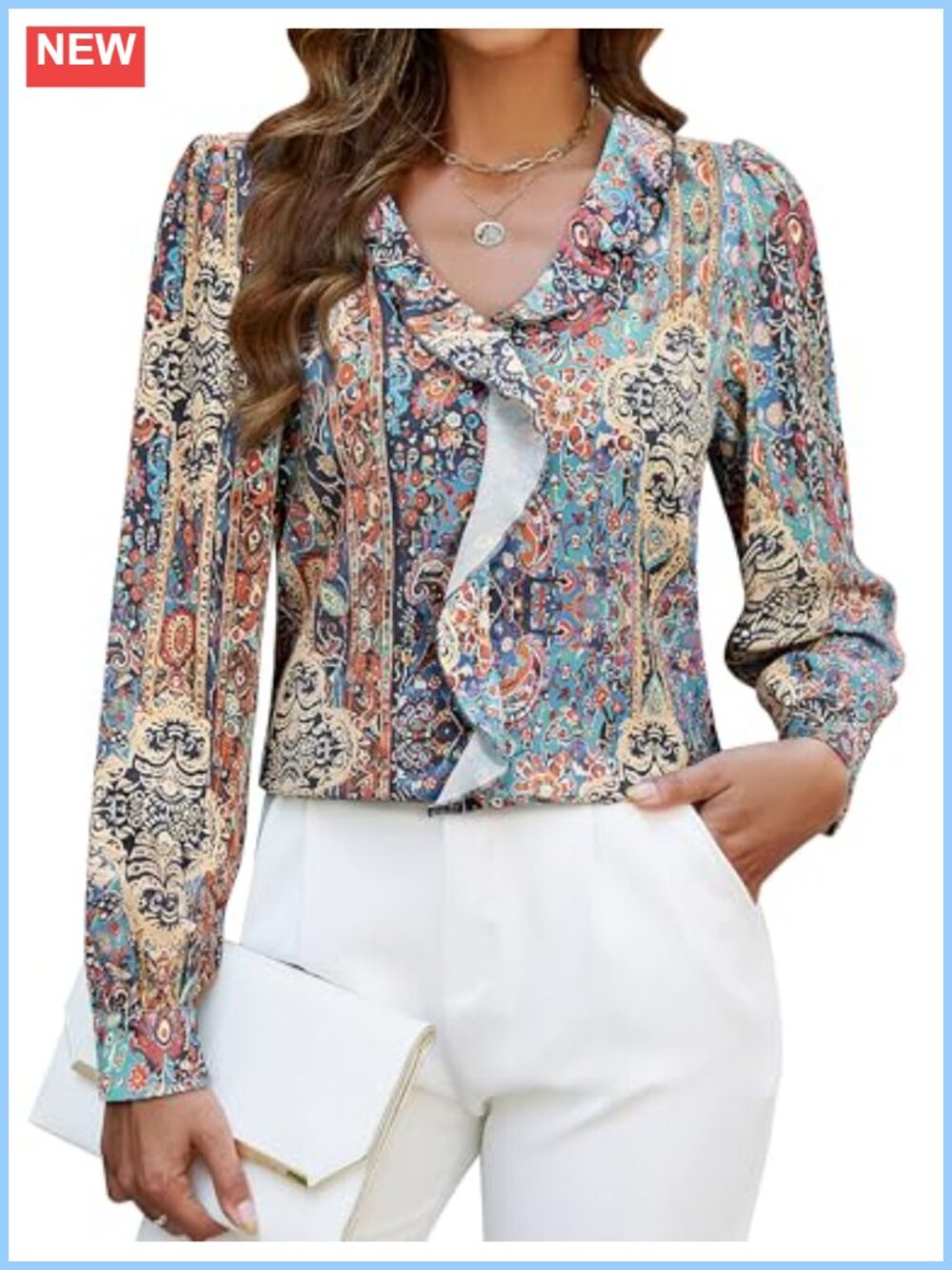 Womens Ruffle Blouse Long Sleeve V Neck Business Casual Top